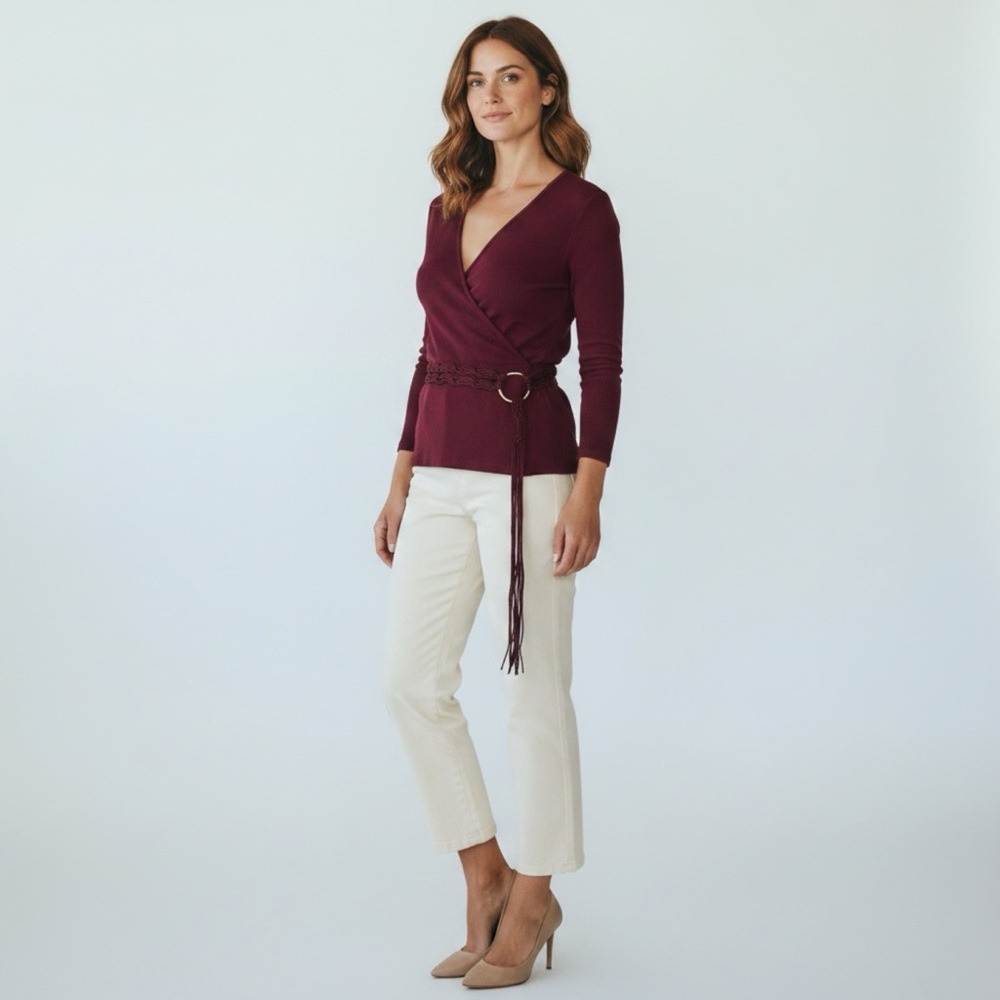 Wine V-neck Medium Weight Knit Top with Ring Tie & Crochet Long Belt 3/4 Sleeves